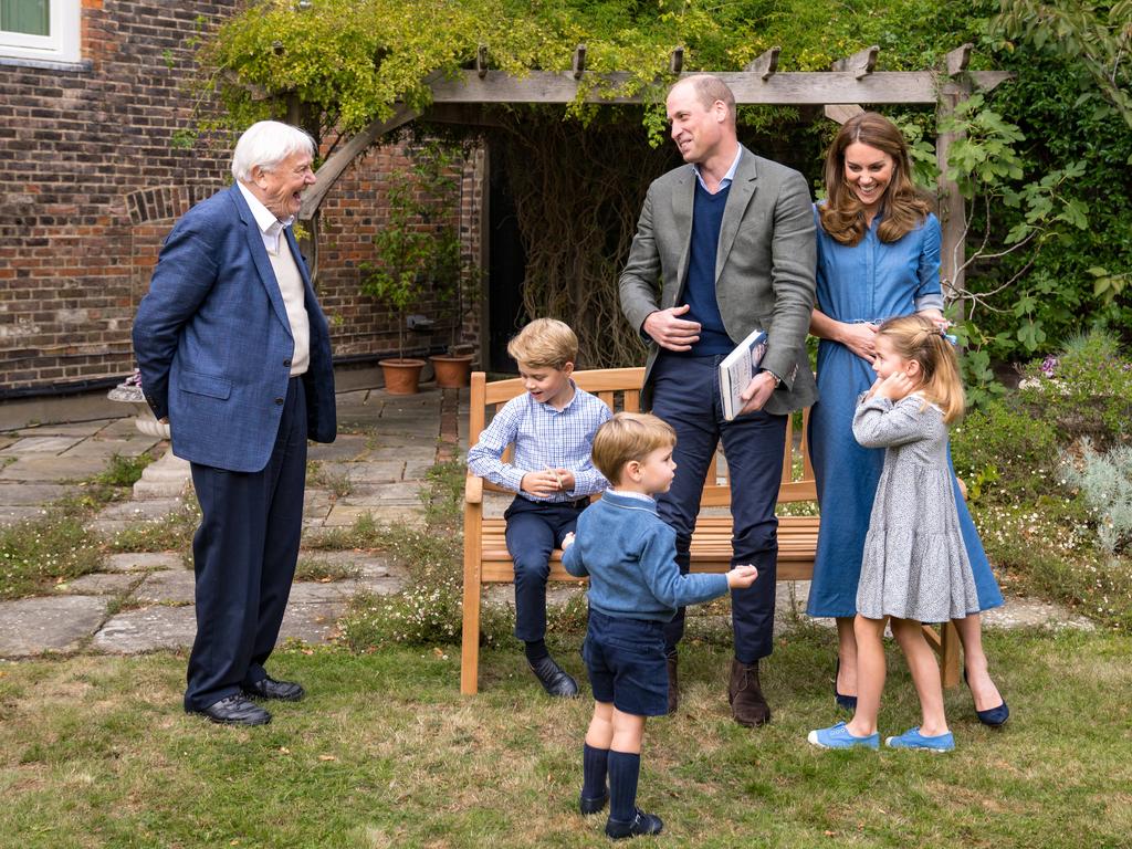 In September 2020, the Cambridges met with Sir David Attenborough in the gardens of Kensington Palace. Again, all matching in different hues of blue. Picture: Getty Images