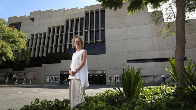 Architect Tina Gibson at the Queensland Performing Arts Centre, which was designed by her father Robin. Picture: Lyndon Mechielsen