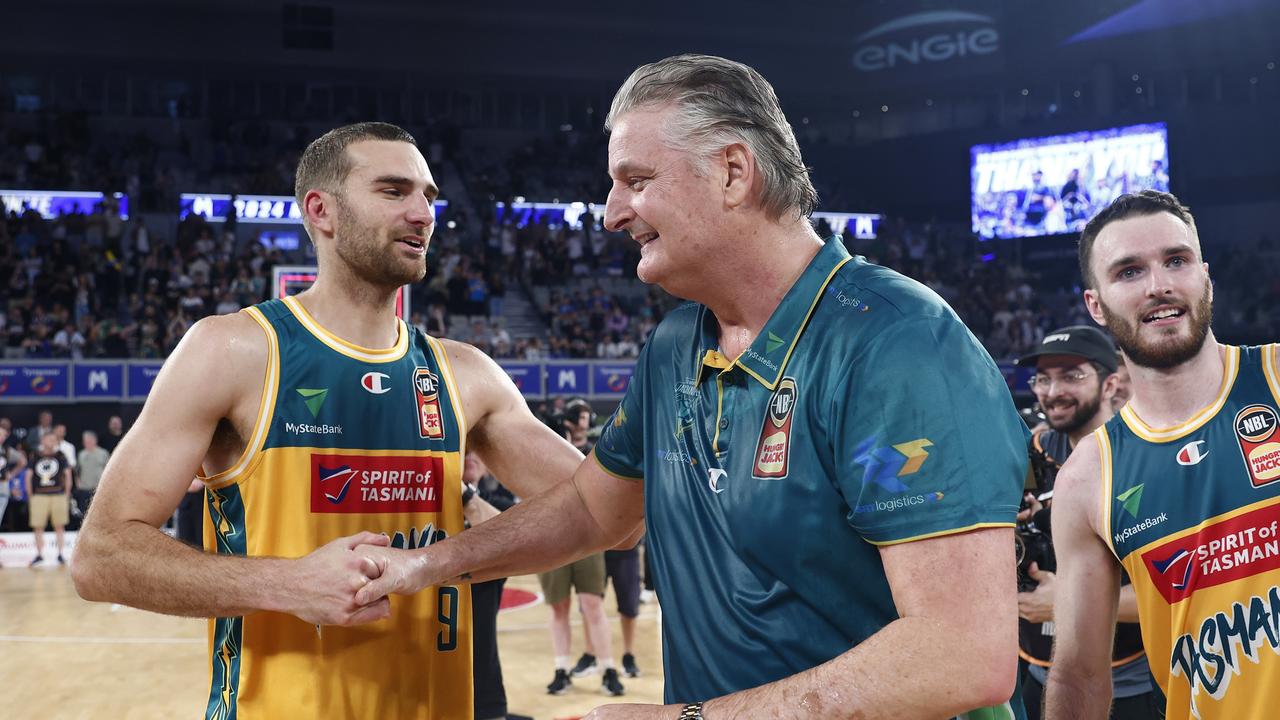 McVeigh (left) and Scott Roth (right) celebrate the NBL Championship victory back in March. (Photo by Daniel Pockett/Getty Images)