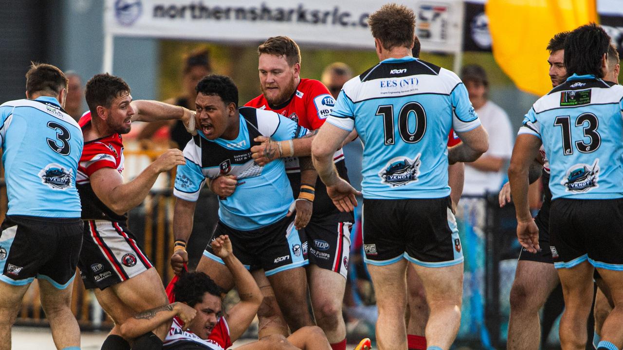 Northern Sharks take on Litchfield Bears in the 2023 NRL NT grand final. Picture: Pema Tamang Pakhrin