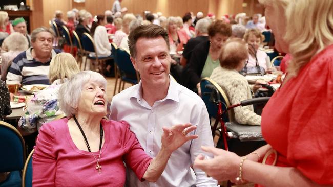 NSW Labor leader Chris Minns in full campaign mode at the Revesby Workers Club. Picture: Tim Hunter