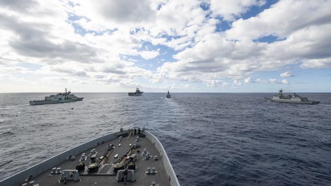 US and Australian warships in formation during military exercises. Picture: Supplied