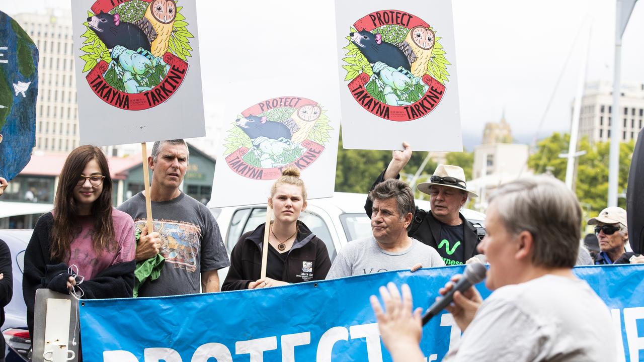 Jenny Weber from The Bob Brown foundation speaks at a Tarkine protest at Henry Jones where Premier is speaking at TCCI luncheon. Picture: RICHARD JUPE