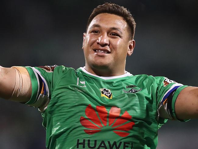 CANBERRA, AUSTRALIA - SEPTEMBER 27: Josh Papalii of the Raiders celebrates victory in the NRL Preliminary Final match between the Canberra Raiders and the South Sydney Rabbitohs at GIO Stadium on September 27, 2019 in Canberra, Australia. (Photo by Mark Metcalfe/Getty Images)