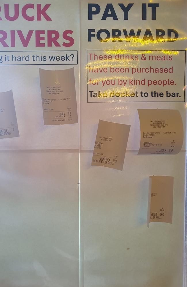 The Oasis Exchange Hotel's 'pay it forward' board soon after it was launched by publican Priscilla Meli after she noticed several truckies going hungry.