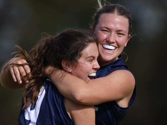 Big V players celebrate a goal in the win. Photo: Aussies in Action.