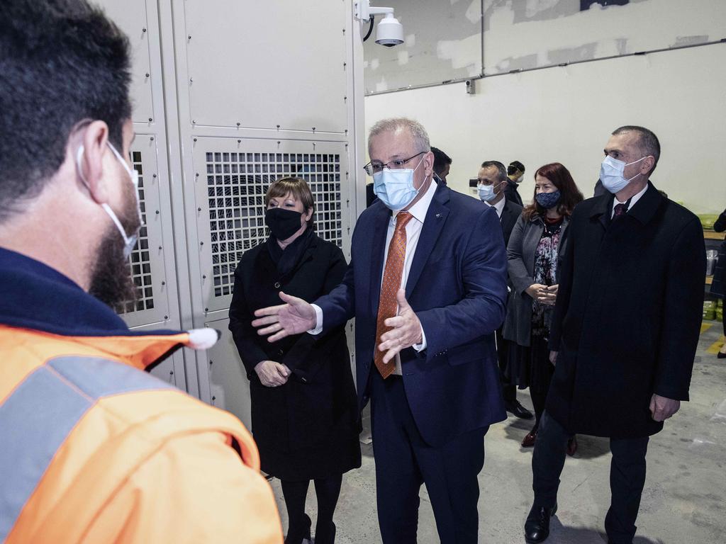 Workers at Datapod in Canberra speak with Mr Morrison and Defence Minister Linda Reynolds about their work.Picture: NCA Newswire / Gary Ramage