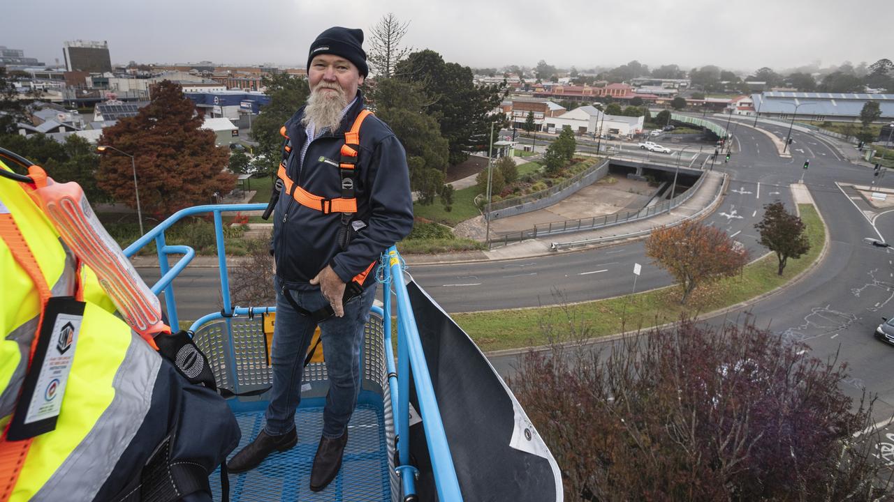 Newlands Group civil construction manager Grant Campbell participates in Hang Ya Boss Out To Dry for the Toowoomba Hospice, Friday, May 31, 2024. Picture: Kevin Farmer