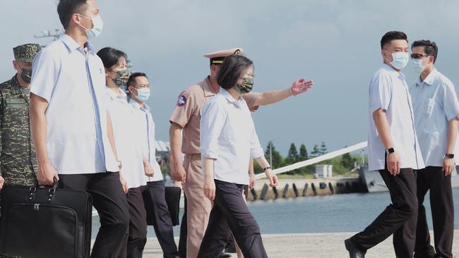 Taiwan President Tsai Ing-wen, centre, arrives at a navy base to inspect military troops on the Penghu islands in August. Picture: AFP