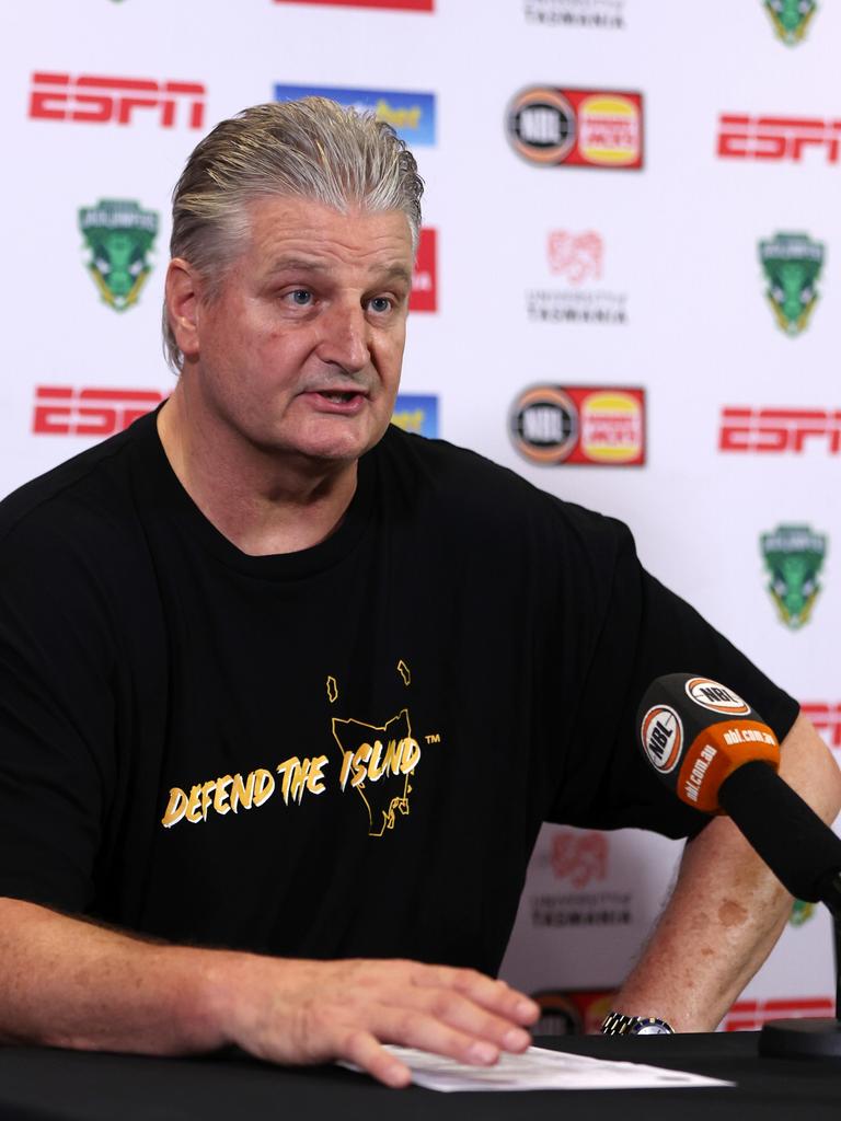 Tasmania head coach Scott Roth speaks to press after his team booked it’s place in the NBL grand final. Picture: Getty Images