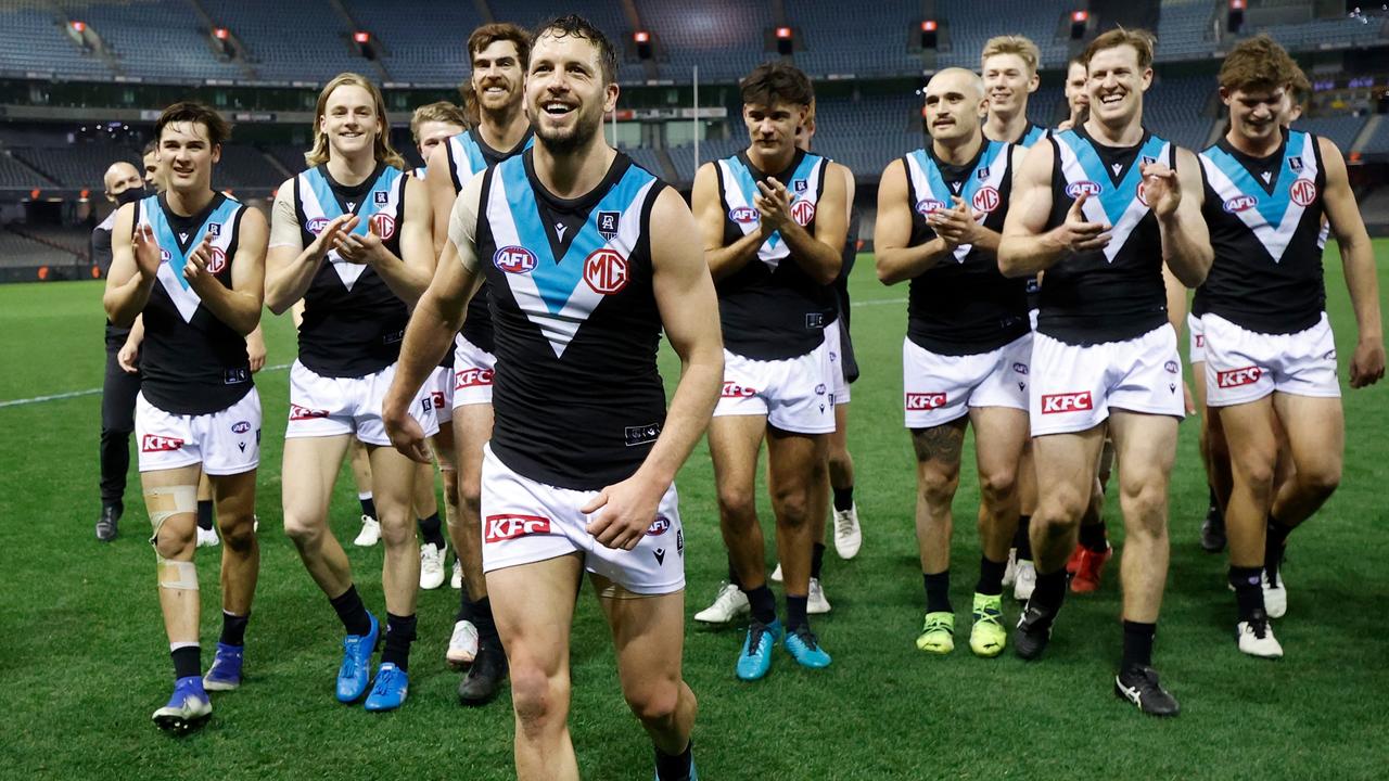 Travis Boak leads the Power off after the win over GWS. Picture: Michael Willson/AFL Photos