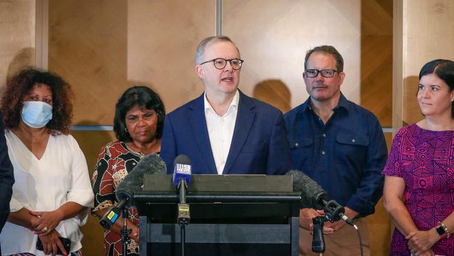 Australian Prime Minister Anthony Albanese on Darwin, flanked by Malarndirri McCarthy, Marion Scrymgour, Luke Gosling and NT Chief Minister Natasha Fyles. Picture: Glenn Campbell/NCANEWSWIRE