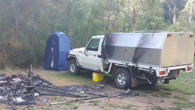 The damaged campsite in the Wonnangatta Valley where Russell Hill and Carol Clay went missing. Picture: ABC