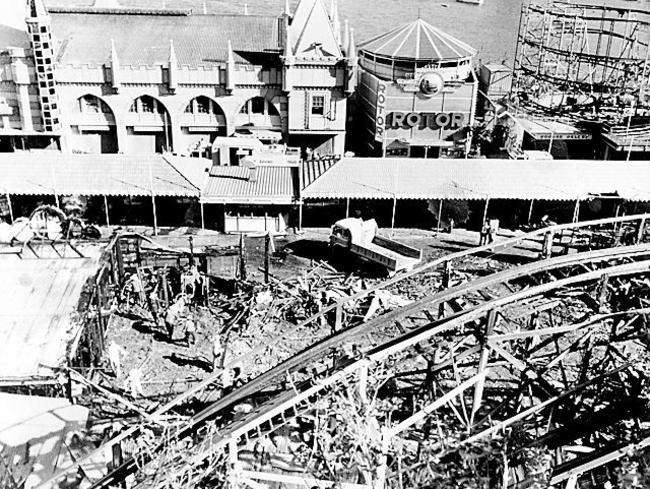 An aerial view of the charred wreckage following the fire.