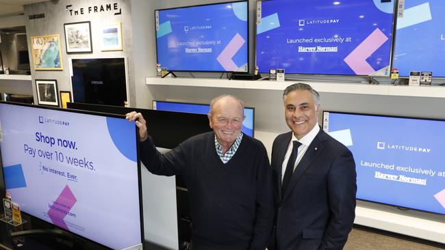 3/9/19: Gerry Harvey executive chairman Harvey Norman and Chief executive of Latitude Financial Services Ahmed Fahour (ex CEO of Australia Post) at the launch of Latitude Pay which is a payment system from Latitude Financial Services. John Feder/The Australian.