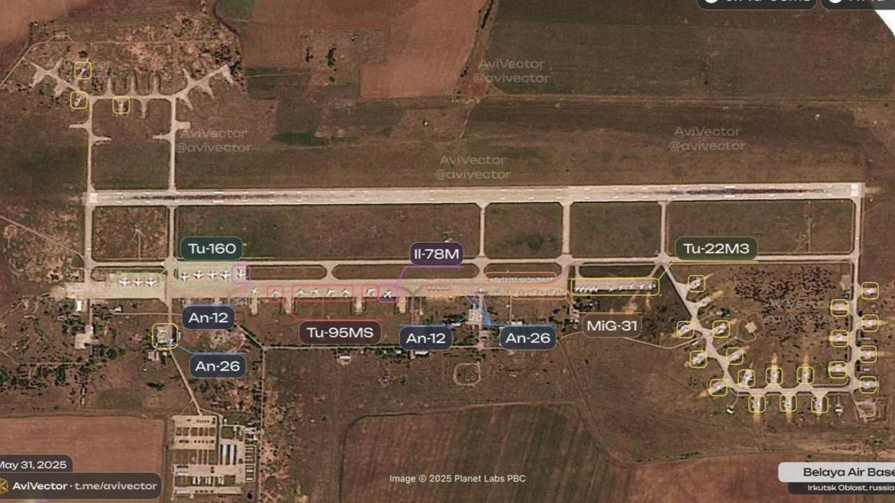 Satellite images taken before today’s Ukrainian “Web” strike show a large Russian bomber presence. Picture: X