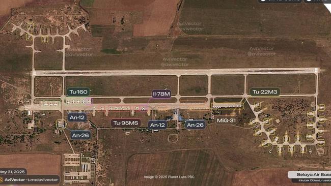 Satellite images taken before today’s Ukrainian “Web” strike show a large Russian bomber presence. Picture: X