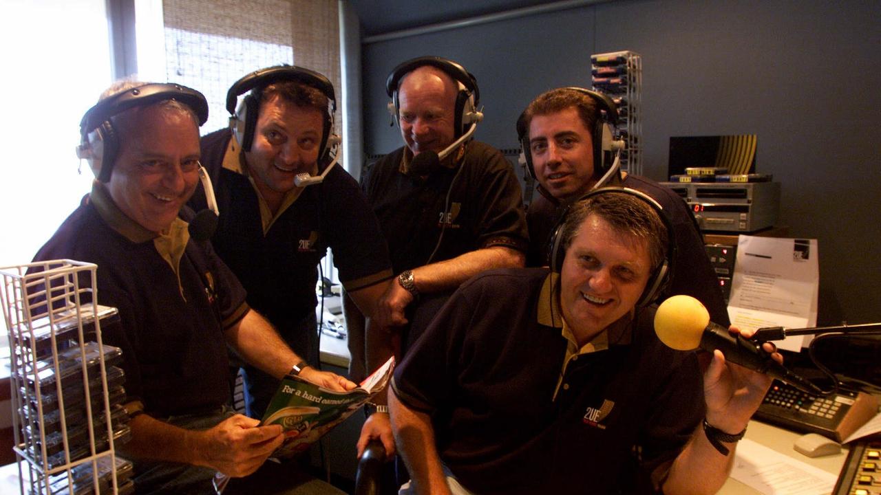 Radio 2UE Talking League team (L-R back) Peter Frilingos, Steve Roach, Bob Fulton, Greg Alexander & Ray Hadley (front) in the studio. Picture: Brett Costello