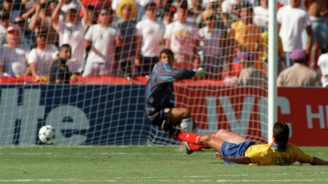 Andres Escobar scores the World Cup own goal that was to have tragic consequences.