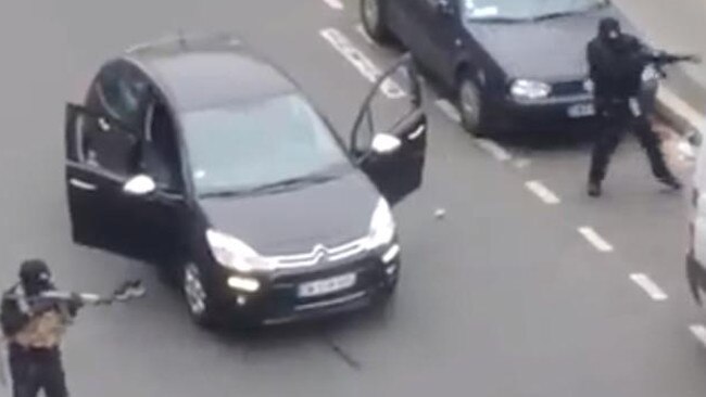 Scene ... two of the gunmen who opened fire at French newspaper Charlie Hebdo in Paris. Picture: Live Leak Source