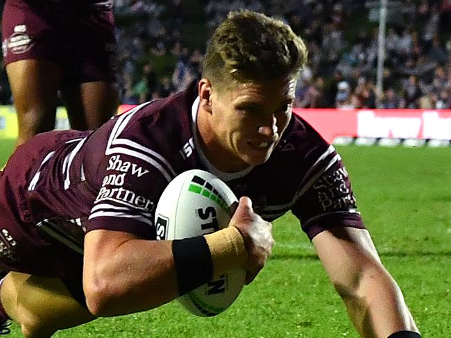 Reuben Garrick of the Sea Eagles scores a try during the Round 8 NRL match between the Manly Sea Eagles and the Canterbury Bulldogs at Lottoland in Sydney, Saturday, May 4, 2019. (AAP Image/Joel Carrett) NO ARCHIVING, EDITORIAL USE ONLY