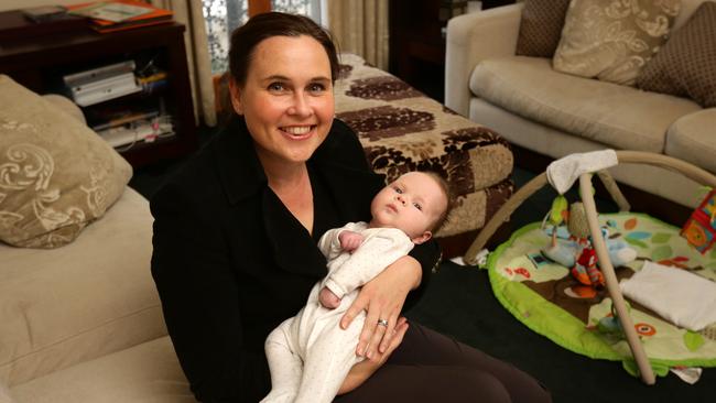 Former Victorian MP Jane Garrett with her baby Max. Picture: Stuart McEvoy