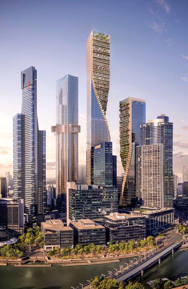 The proposed 356m-high tower Green Spine has won an international design competition for Southbank's $2 billion redevelopment of the BMW site.