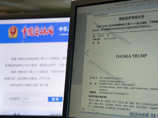 The Chinese Trademark Office website has approved the Ivanka Trump trademark to be used in wide variety of products from beverages to instant noodles in Beijing, China. Picture: Ng Han Guan/AP