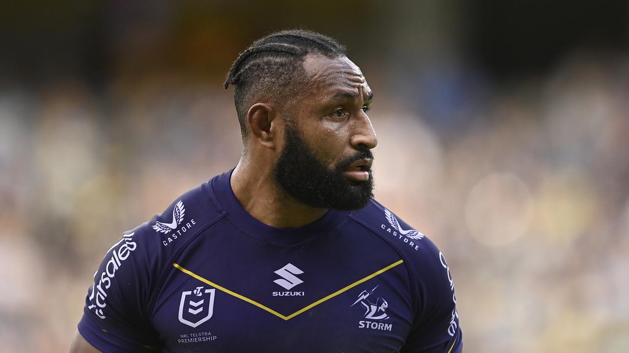 TOWNSVILLE, AUSTRALIA - JUNE 04: Justin Olam of the Storm comes from the field during the round 14 NRL match between North Queensland Cowboys and Melbourne Storm at Qld Country Bank Stadium on June 04, 2023 in Townsville, Australia. (Photo by Ian Hitchcock/Getty Images)