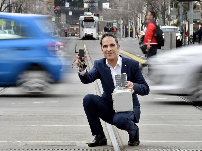 Majid Sarvi from Melbourne University with the movement sensors that will track people, trams, cars, bicycles etc.Picture: Jay Town