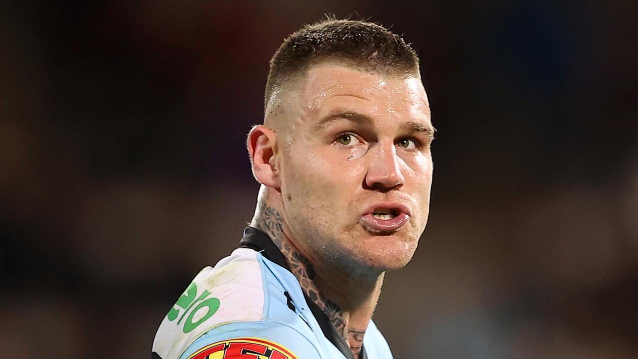 SYDNEY, AUSTRALIA - MAY 21: Josh Dugan of the Sharks reacts after being sent to the sin-bin during the round 11 NRL match between the Cronulla Sharks and the St George Illawarra Dragons at Netstrata Jubilee Stadium on May 21, 2021, in Sydney, Australia. (Photo by Mark Kolbe/Getty Images)