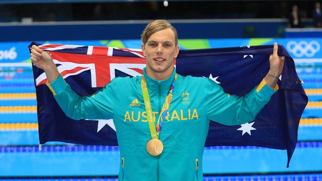 We want to create more scenes like this in Brisbane 2032. Here Aussie swimmer Kyle Chalmers shows off his gold medal after winning the Men’s 100m Freestyle final at the Rio Olympics in 2016. Picture: Alex Coppel.