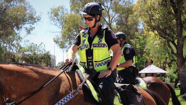 Police patrol the Todd Mall on horseback as part of Operation Drina, targeting anti-social behaviour and associated crime in Alice Springs. Picture: Jason Walls