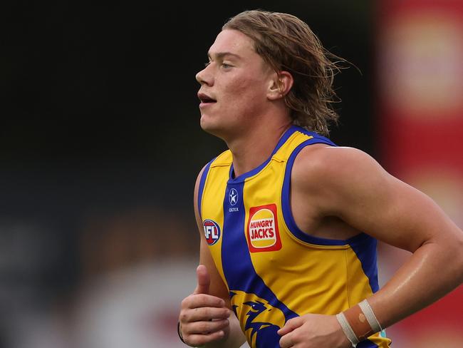 PERTH, AUSTRALIA - FEBRUARY 24: Harley Reid of the Eagles looks on during an AFL practice match between West Coast Eagles and Fremantle Dockers at Mineral Resources Park on February 24, 2024 in Perth, Australia. (Photo by Will Russell/Getty Images)