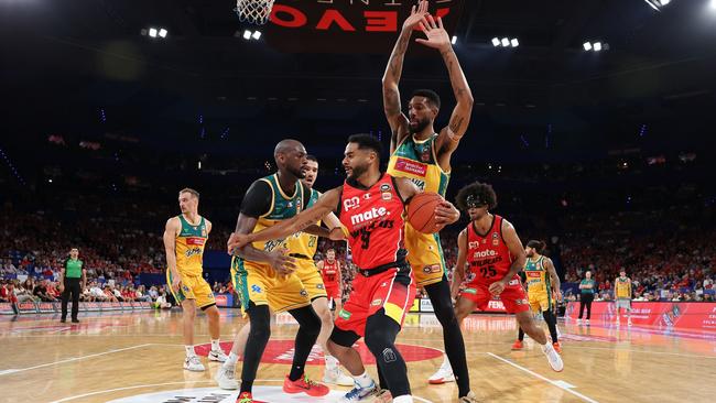 Corey Webster of the Wildcats works to the basket during game one of the NBL Semifinal series between Perth Wildcats and Tasmania Jackjumpers at RAC Arena. Picture: Paul Kane/Getty Images.