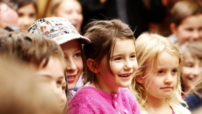 Melbourne comedy duo Sammy J and Randy visited Fitzroy Community School to say thanks to the students who have just raised an impressive $6000 for Oxfam. Picture: Paul Loughnan