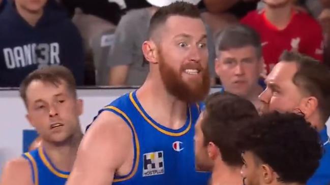 Aron Baynes was furious over a no-call in the Brisbane Bullets’ NBL game. Photo: ESPN.