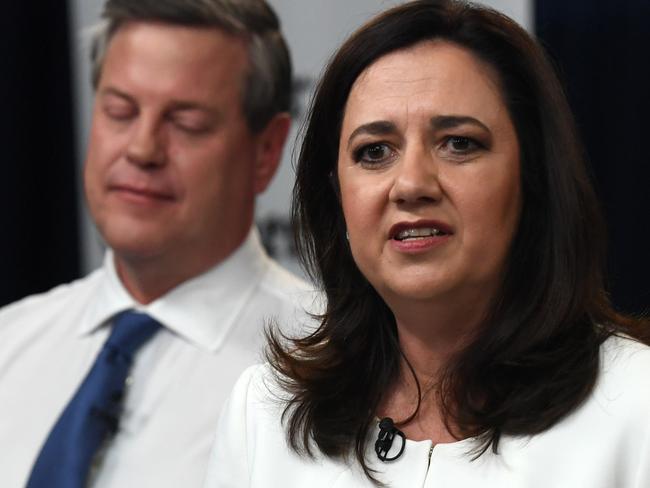 Queensland Premier Annastacia Palaszczuk (right) and Leader of the Opposition Tim Nicholls are seen during 'The People's Forum' leaders debate at the Broncos Leagues Club, Brisbane, Thursday, November 16, 2017. Queenslanders will go to the polls on November 25. (AAP Image/Dan Peled) NO ARCHIVING