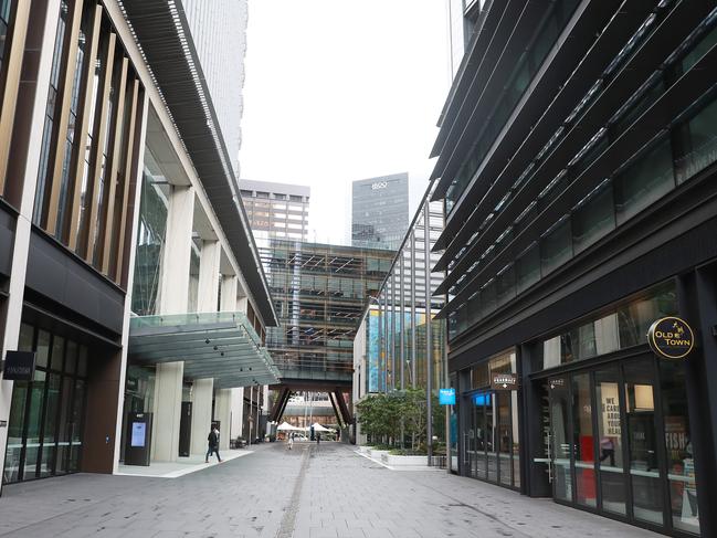 Sydney business hub Barangaroo was empty on Monday. Picture: John Feder.