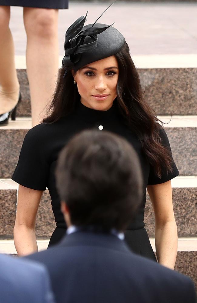 Meghan Markle wore a dress by New Zealand designer Emilia Wickstead at the opening of the Anzac Memorial in Sydney today, in what is said to be a subtle tribute to the country. Picture: Getty Images