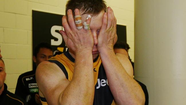 An emotional Jack Riewoldt wipes tears away as he walks into the Richmond rooms. Picture: Michael Klein