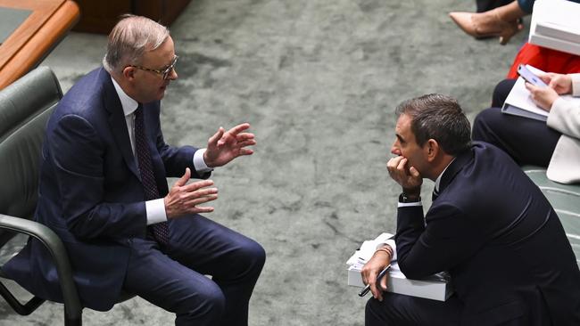 Prime Minister Anthony Albanese and Treasurer Jim Chalmers during Question Time at Parliament House.