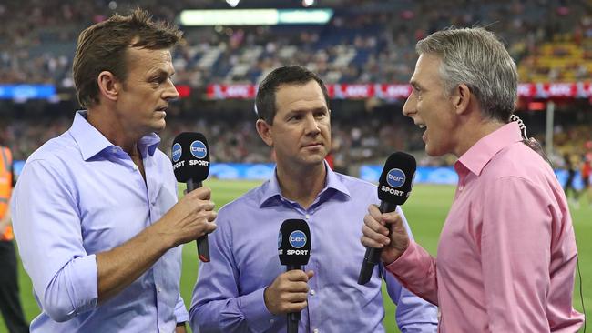 Network Ten's commentary team members Adam Gilchrist, Ricky Ponting and Damien Fleming during a Big Bash League match.