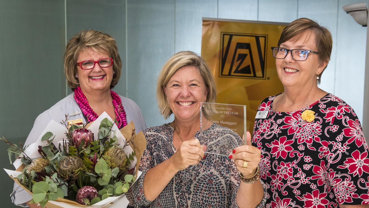 The Toowoomba Zonta Woman of the Year 2021 Emma Mactaggart (centre) of The Child Writes Fund with club president Kate Charlton (left) and Zonta lieutenant governor Lyn Agnew at an International Women's Day lunch hosted by Zonta Club of Toowoomba at Picnic Point, Friday, March 5, 2021. Picture: Kevin Farmer