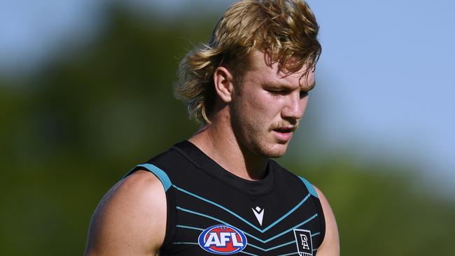 ADELAIDE, AUSTRALIA - FEBRUARY 17:Jason Horne-Francis of Port Adelaide during the Port Adelaide Power AFL Intra Club at Alberton Oval on February 17, 2023 in Adelaide, Australia. (Photo by Mark Brake/Getty Images)