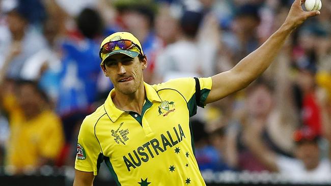 AUS v ENG World Cup Cricket Mitchell Starc catches Bell off Mitch Marsh Picture :Wayne Ludbey