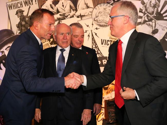 Former PM Tony Abbott, former PM John Howard and PM Malcolm Turnbull. Picture: Ray Strange