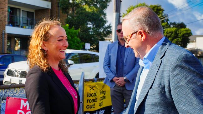 MELBOURNE, AUSTRALIA - NewsWire Photos 1  APRIL 2023: The Prime Minister, Anthony Albanese is seen with Labor candidate for Aston, Mary Doyle, during a visit to Bayswater Primary School polling booth.Picture: NCA NewsWire / Luis Ascui