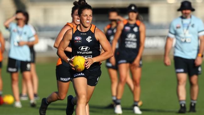 Kerryn Harrington is co-captain of the Blues AFLW team, but has gone viral. Picture: Getty Images