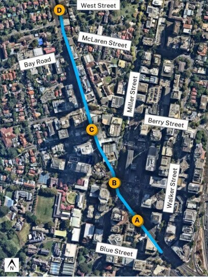 An outline of the new Pacific Hwy bike route.